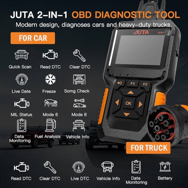 JUTA D50 OBD2 Diagnosverktyg för Personbilar & Lastbilar – 12V24V BilscannerJUTA D50 OBD2 Diagnosverktyg för Personbilar & Lastbilar – 12V24V Bilscanner